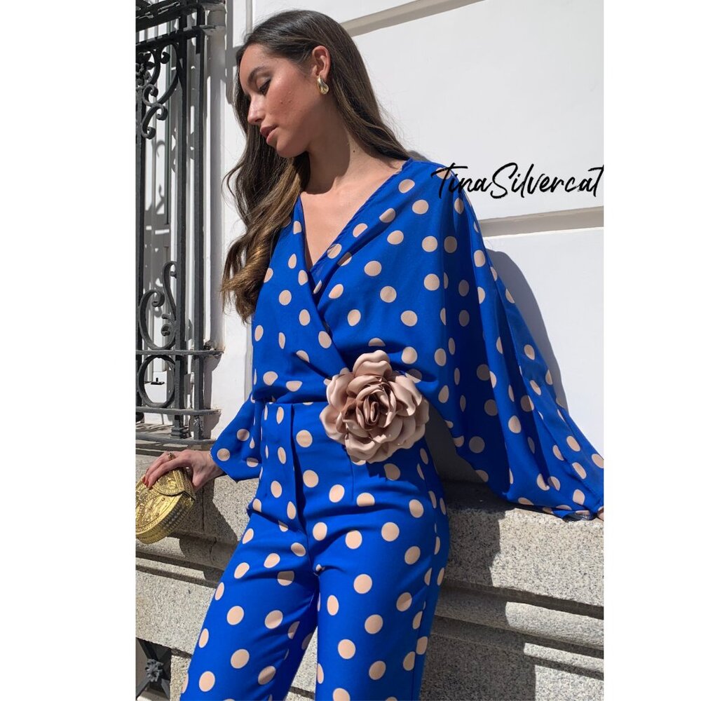 BLOGGER'S FAVE! Zara 2 Piece Pants Set And Top Blue White Polka Dot NWT - Picture 17 of 17